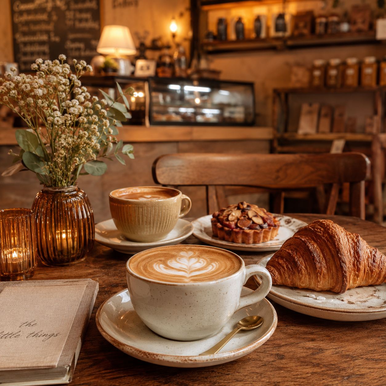 Holztisch mit zwei Cappuccinos mit Latte-Art, einem Croissant und einer Mandel-Tarte, dahinter warmes Lampenlicht