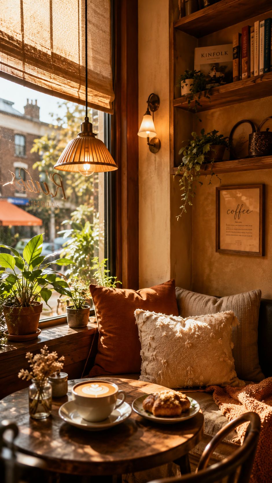 Fensterecke mit Sitzbank, Kissen in Terrakotta und Creme, Pflanzen auf der Fensterbank und einem Cappuccino auf dem Tischchen